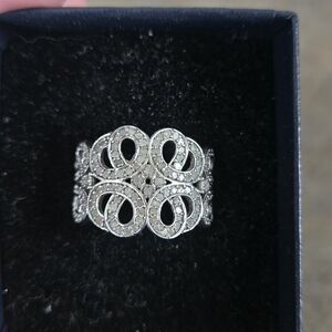 Sterling Silver Filigree Wide Band Ring With Natural Diamonds Size 9.5